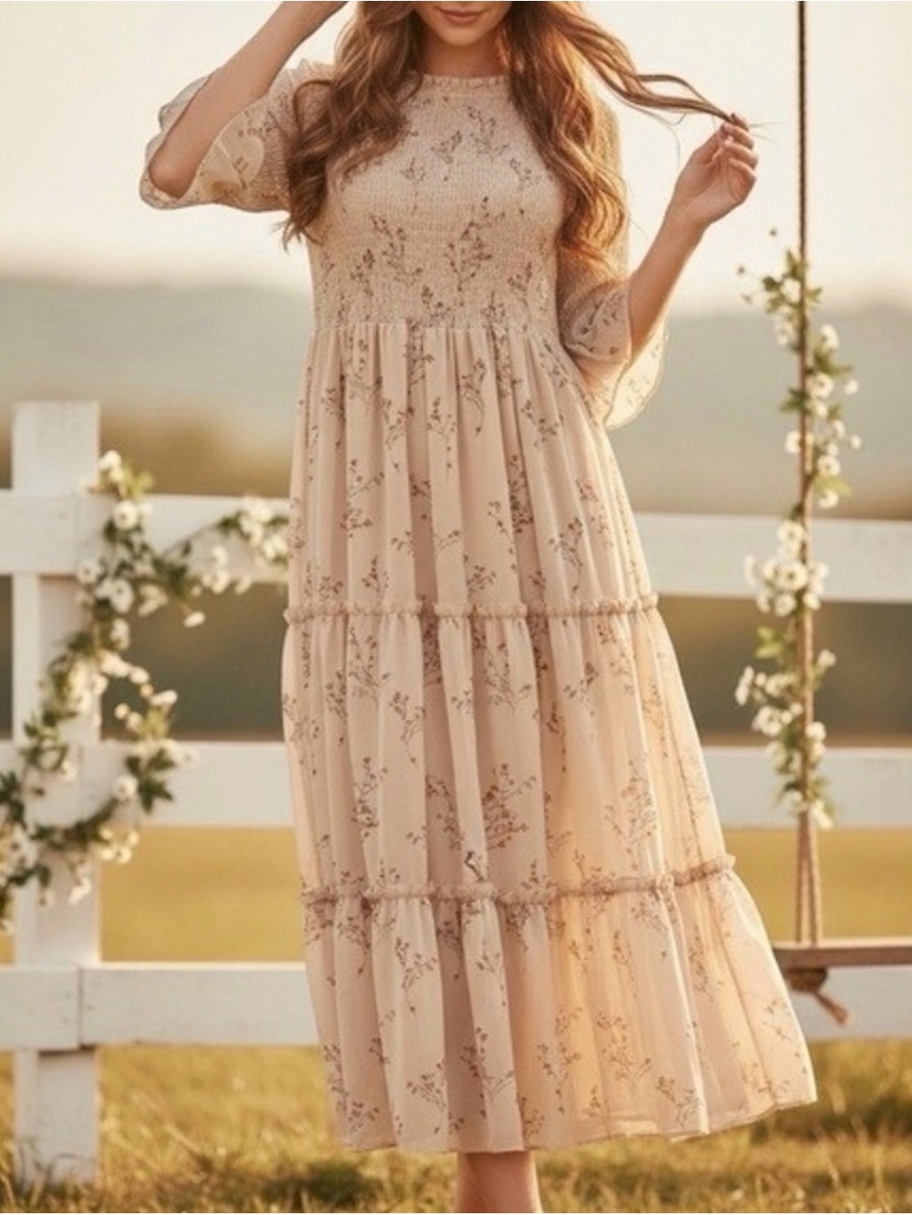 Boho Floral Tiered Midi Dress in Beige
